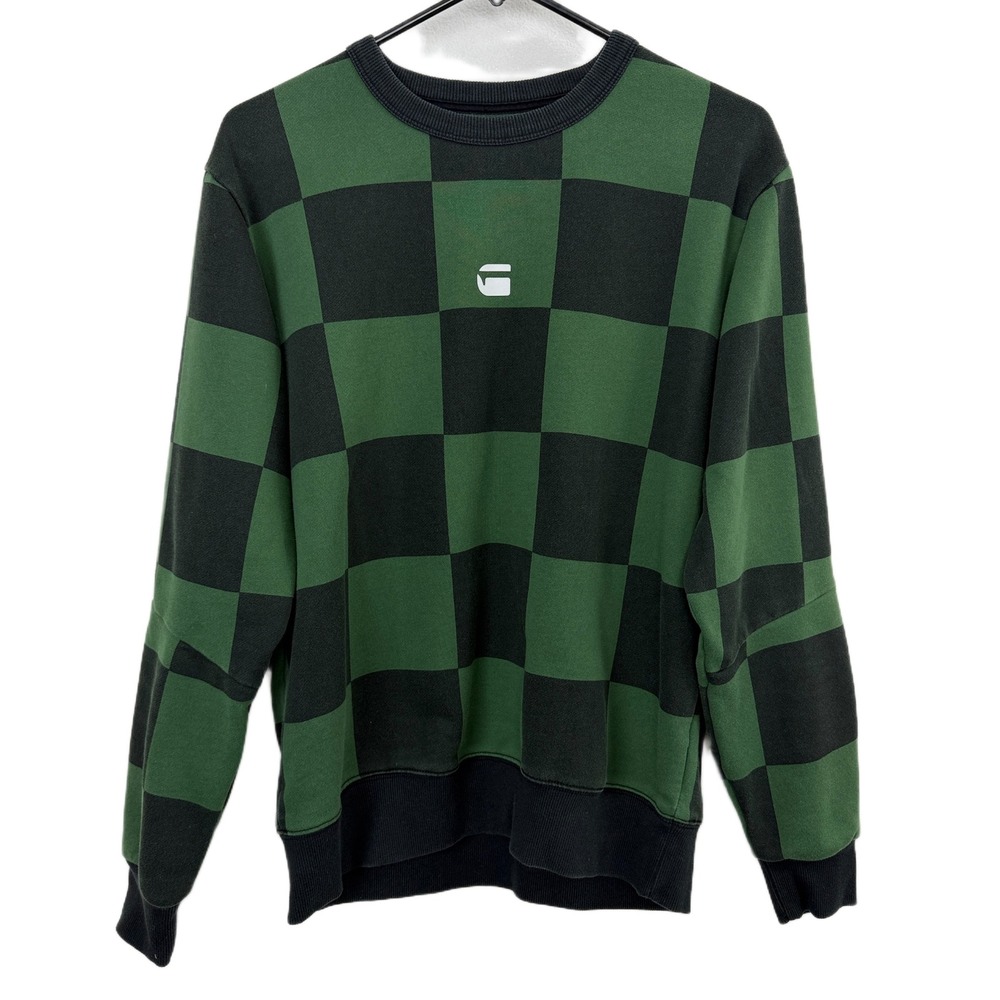 G-Star Raw Sweatshirt Mens Small Green Black Checkered Crew Neck Pullover